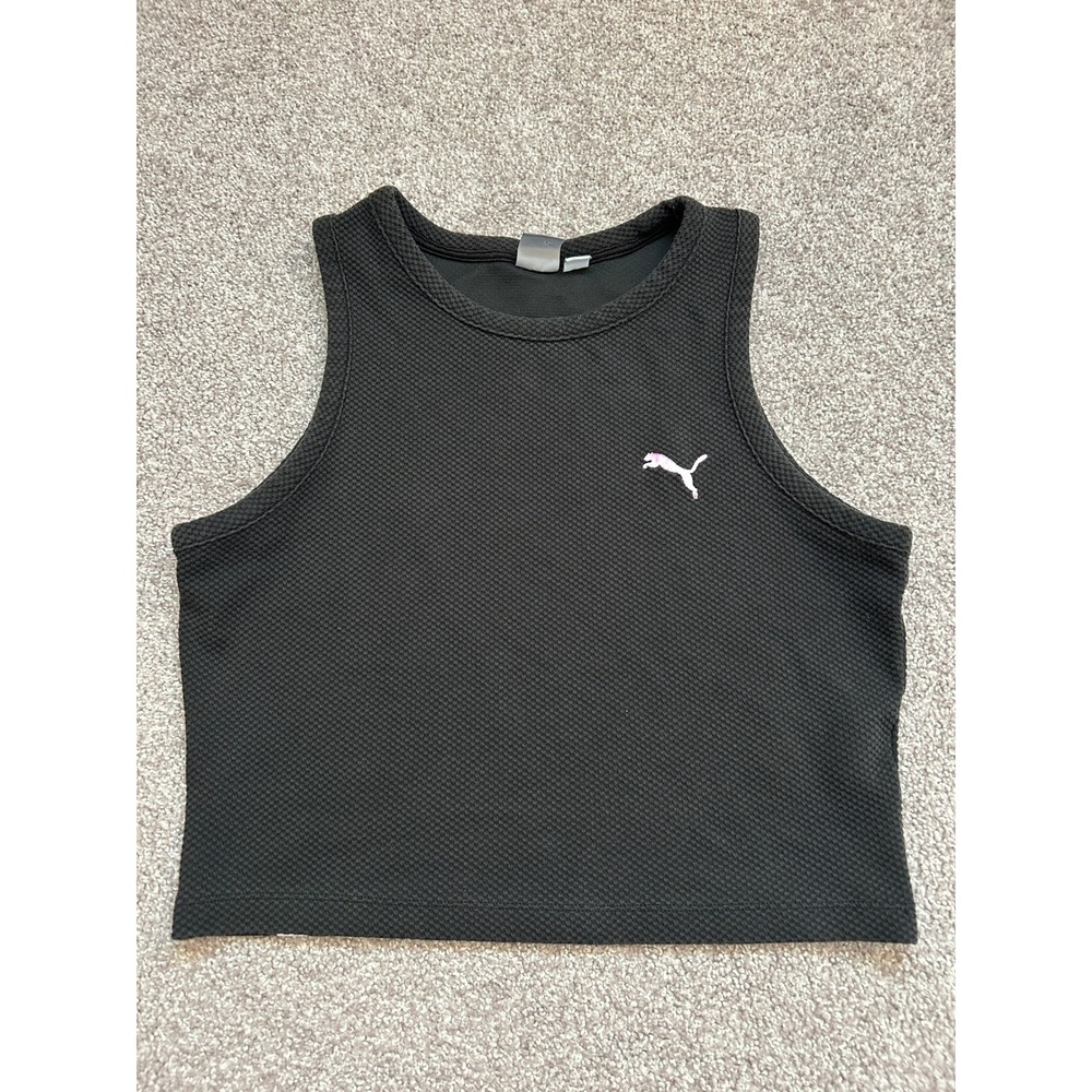 Puma Crop Top Women Large Black Excellent Waffle Knit Pink Logo 677661-01
